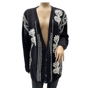 90s Vintage Mixit Black Cardigan Sweater Embroidered Floral Deep‎ V-Neck Size S
